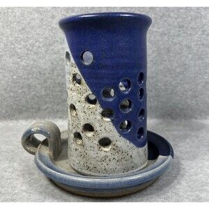 Pottery Candlestick Holder With Luminary Votive Shade Stoneware Blue Glaze 2 Pc